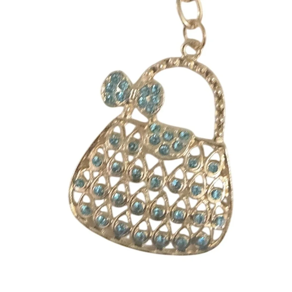 Gold Tone Handbag Purse Charm Keychain Blue Rhinestones Bow Accent‎ Women